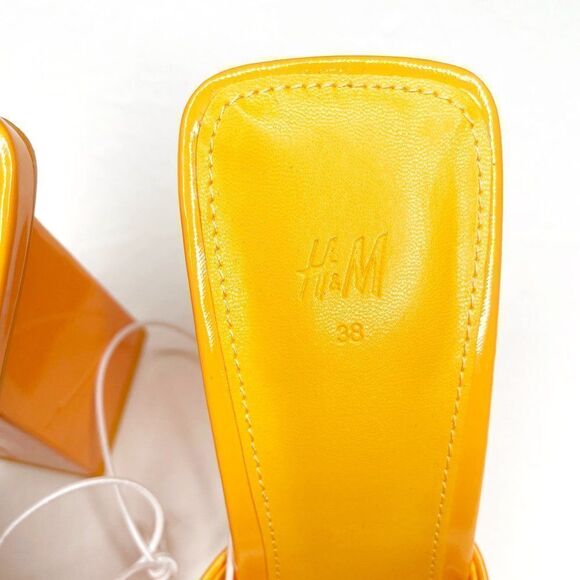 H&M Square Toe Chunky Heel Patent Mules Sandals in Yellow Orange Size 7 NEW - Picture 8 of 11